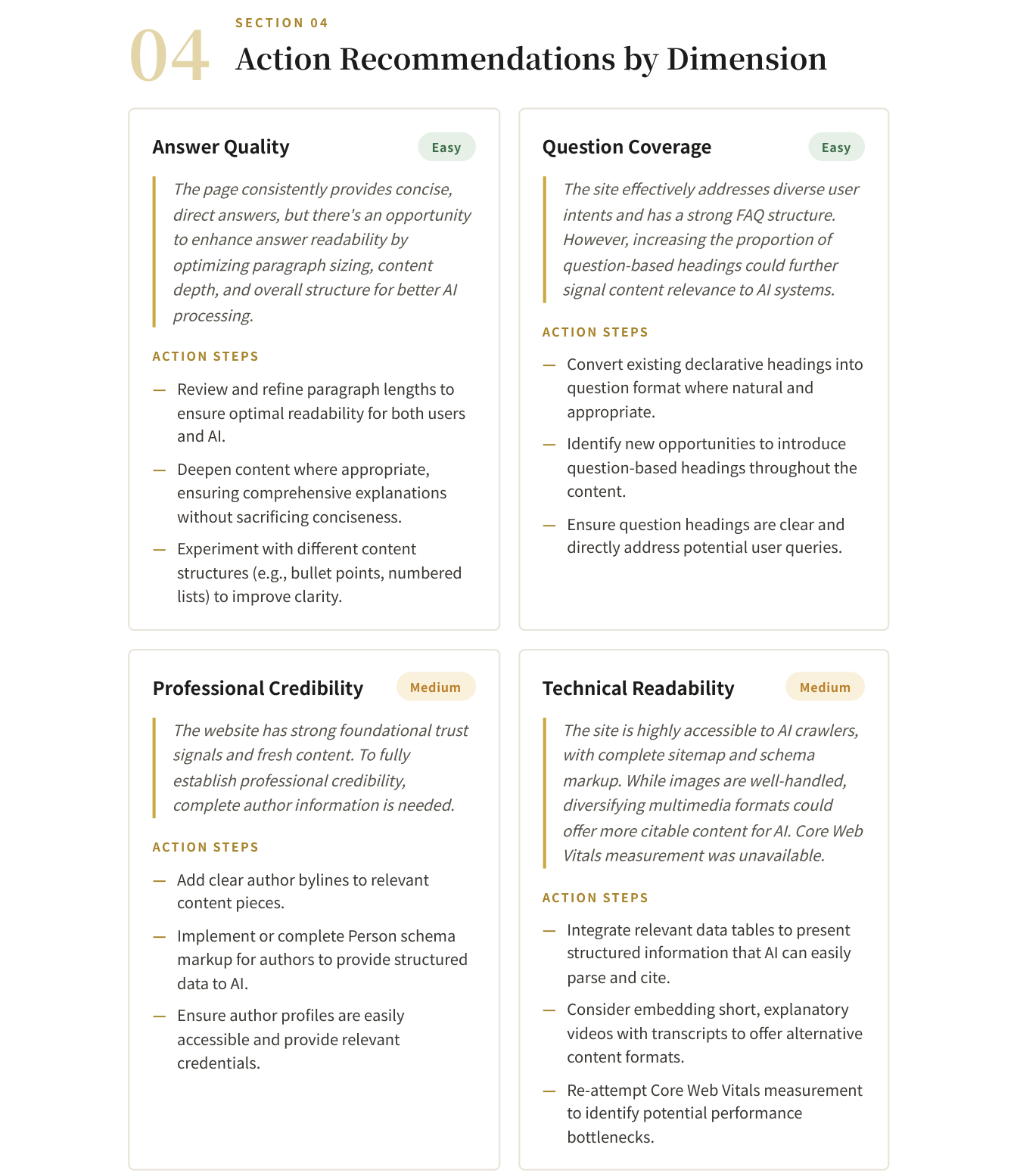 GEO Health Check report Section 04: per-dimension action step cards