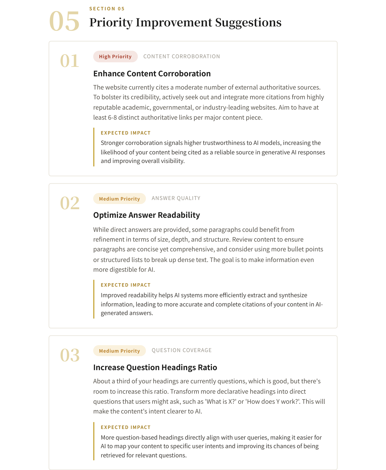 GEO Health Check report Section 05: prioritized recommendations list